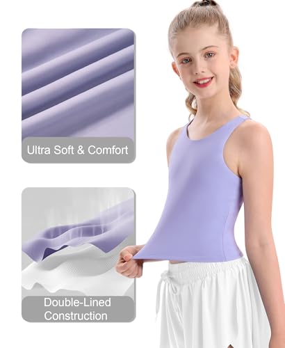 Image of DOCUMO Girls Tank Tops Double Lined Racerback Crop Tops for Kids Sleeveless Workout Tops for Dance, Yoga, Running, Sports