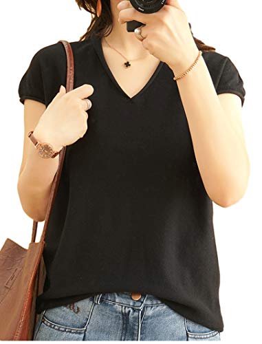 [ウィトパ] ニット 夏用 カットソー Vネック ゆったり 半袖 レディース (ブラック M) トップス 夏服 春夏 セーター Tシャツ ブイネック ノースリーブ 半そで V首 amazon ランキング 売れ筋 人気 ファッション ティーシャツ シャツ 小さいサイズ 春 夏 ロング丈 韓国 可愛い かわいい 着回し おしゃれ 着回し 黒 ぶらっく くろ 服 (BLK M)