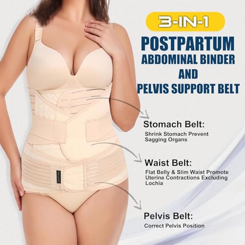 Image of ChongErfei 3 in 1 Postpartum Support - Recovery Belly /waist /pelvis Belt Shapewear Slimming Girdle, Beige, L For Posture Correction