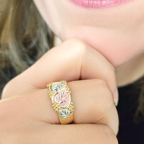 Women's Diamond-Cut S Shaped Swirl Vine Encircled by Heart Shaped Grape Leaves Wedding Ring, 10k Yellow Gold Statement Rings for Ladies, 12k Green and Rose2