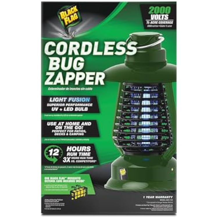 Black Flag 2000v Bug Zapper Lantern | Rechargeable Indoor/Outdoor Fly Zapper | 12-Hour Electric UV Pest Control (Green)