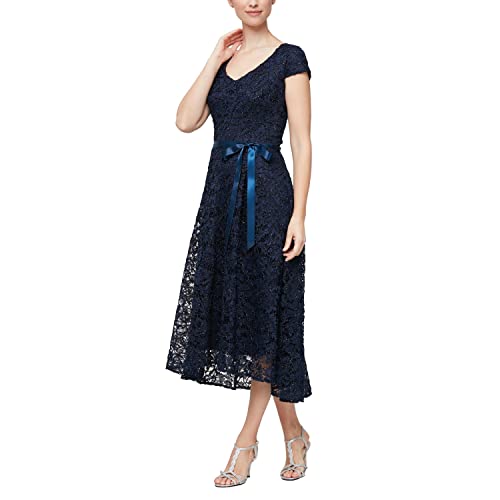 Image of Alex Evenings Women's Tea Length Dress with Rosette Detail (Petite and Regular)