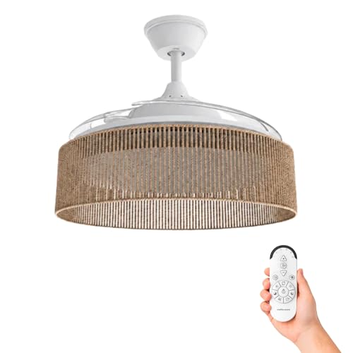 Mellerware - Ventilador de Techo con Luz y Lámpara Brizy Bright Rattan | 3 Aspas 106 de Diámetro| 40 W | 6 Velocidades Ultra Silencioso | Función Verano-Invierno | Temporizador | LED