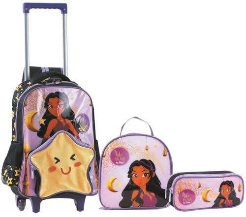 Kit Mochila Escolar Infantil Juvenil De Rodinhas Princesa Estrela com Lancheira Térmica e Estojo (PR