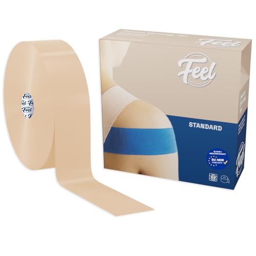 FEEL Cinta kinesiológica de alta calidad All Round (5 cm x 5 m), hipoalergénica y fuerte, dura hasta 6 días en la piel, resistente al agua y 180% elástica, cinta deportiva (5 cm x 32 m, beige)