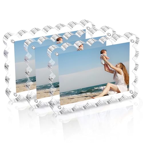 3 Pack Acrylic Picture Frame: 4x6inch Magnetic Picture Frames, Double Sided Magnet Frames,10+10mm Thick Block, Clear Photo Scalloped Frames Freestanding for Desktop Display (Clear, 4X6)