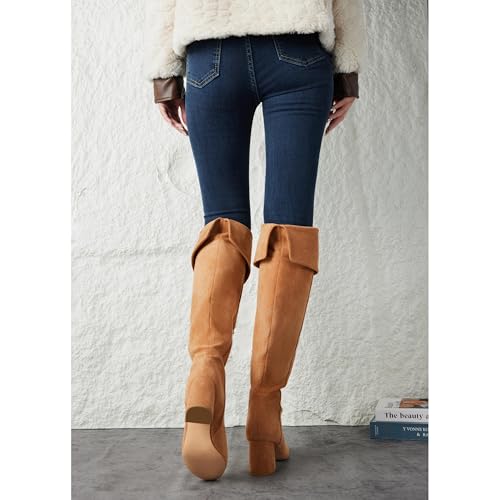 Putu Women's Thigh High Boots Block Heel Boots Over the Knee Faux Suede Tall Boots3