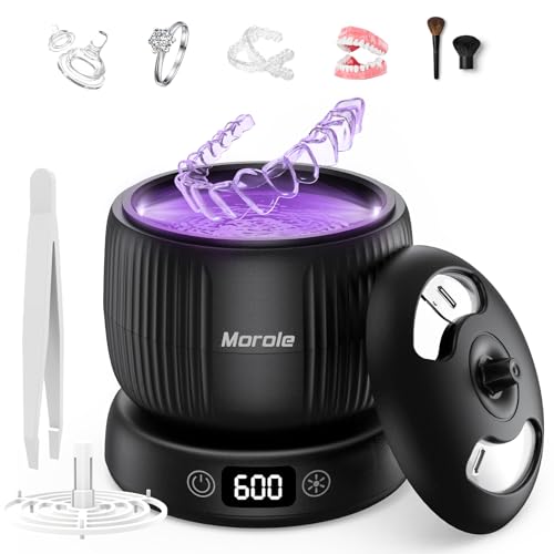 Ultrasonic Retainer Cleaner with U-V Light, Morole 45kHz Ultrasonic Tooth Cleaner Machine with Digital Display, Jewelry Retainer Cleaner for Retainer,Toothbrush Heads, Nightguards and Jewelry,Black