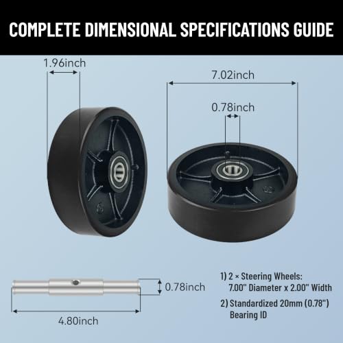 Image of Set of 2 Pallet Jack Steering Wheels (7 inch x 2 inch) Black Polyurethane on Steel Hub - Heavy Duty Replacement Parts with Pre-Installed Bearings, Axles & Fasteners - Fits Most Pallet Trucks