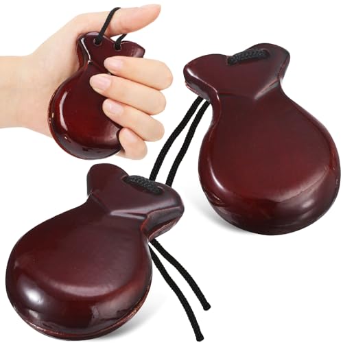 Motionchic 2 Pack Spanish Castanets Flamenco with String Traditional Wood Hand Percussion Castanets for Adults Music Instrument Spain Souvenir Gift, 1 Pair(Brown)