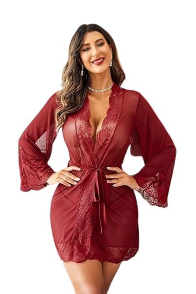 Women Lace Robe Kimono Style Nightwear V Neck Bathrobe with Belt Lightweight Soft Comfortable Sleepwear for Women-image-6