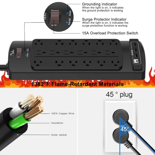 Image of 18 Outlets Surge Protector Power Strip - Nuetsa 10 Feet Flat Plug Heavy Duty Extension Cord with 18 Widely Outlets and 4 USB Ports, 2100 Joules, Black, ETL Listed