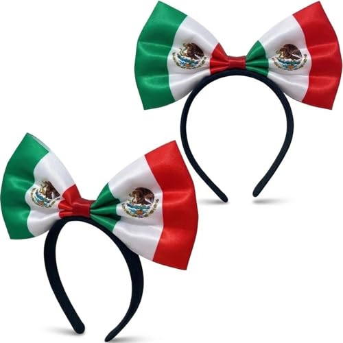 Suyka Mexico Flag Bow Headband 2 Pcs - 3D Stay-Shape Mexican Patriotic Hair Accessory for Women - Green White Red Headwear for Cinco de Mayo Soccer Tournament 2026 Soccer Fan Gear Viva Mexico