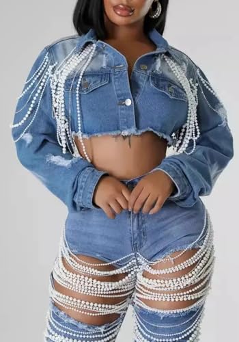 Lucuna Women's Cropped Denim Jacket Long Sleeve Trendy Pearl Distressed Crop Top Jean Jacket Coat2