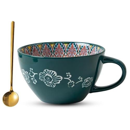 Noevany Boho Ceramic Coffee Mug Bohemian Style 15 oz/ 450ml Large Cups - Porcelain Cups for Latte, Tea, Cappuccino, Cocoa, Soup, Dishwasher Microwave Safe, Gift Set Bohemian Style (Green)