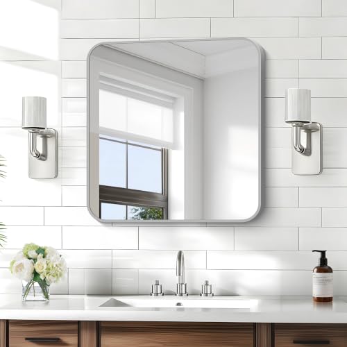 Image of KOCUUY Silver Bathroom Mirror, 24x24 Inch Bathroom Mirror for Over Sink, HD Tempered Glass, Anti-Rust Brushed Silver Frame, Rounded Corner Modern Design for Bathroom, Hang Horizontal /Vertical