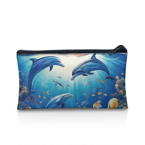 Image of Blue Dolphin Pencil Case for Boys Ocean Theme Pencil Box for Crayon Scissors Pen Holder for Kindergarten Toddlers Zippered Pouch for Stationery