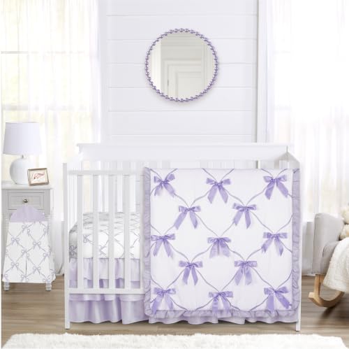 Image of Sweet Jojo Designs 4-Piece Baby Crib Bedding Set (Purple Bows) for Girls, Infants /Nursery incl. Blanket, Fitted Sheet, Skirt, Diaper Stacker (Princess Lavender Bow Vintage Coquette Aesthetic, Elegant)