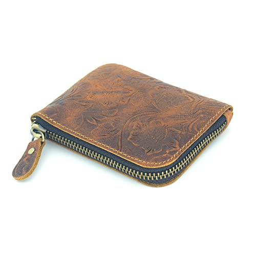 Jjnusa Genuine Leather Zipper Coin Purse Wallet With Key Car Smart Holder, Change Purse, Coin Pouch Holder For Men (Flower Brown) #TOP1
