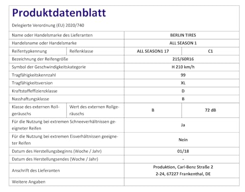 Ganzjahresreifen 215/60 R16 Berlin Tires All Season 1 99H