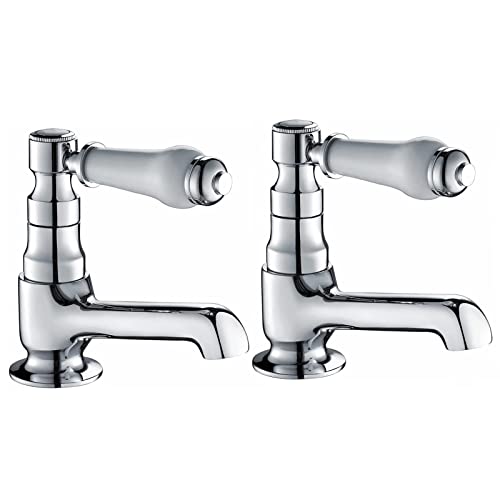 Price comparison product image Hapilife Bath Pillar Taps Pair Mixers Victorian Traditional Twin Bathroom Bathtub Taps White Ceramic Lever Chrome 2 Holes Mono Hot and Cold Water G1 / 2