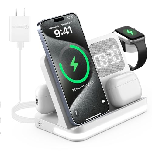GLILAVOX 4in1 ワイヤレス充電器 目覚まし時計付き アップルウォッチ 充電スタンド Compatible with iPhone 17 Air/17 Pro/17 Pro Max/17/16/15/14/13/Pro/Pro Max/Ultra