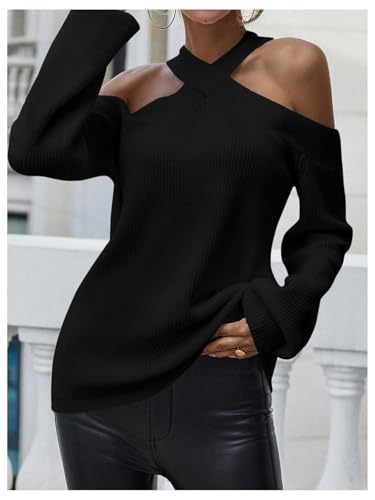 Image of MakeMeChic Women's Off The Shoulder Sweater Halter Criss Cross Knitted Fall Long Sleeve Pullover Sweaters Tops