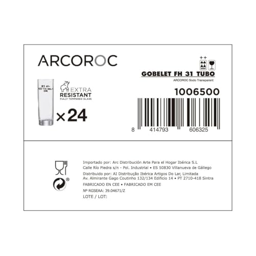 Verres Arcoroc Tube transparents 300ml en verre pour table de réception pack de 24