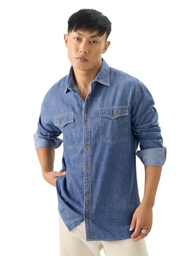 Image of The Souled Store Men Classic Denim Washed Blue Solid Shirts Shirt for Men Casual Half Sleeves Regular Fit Printed Stylish Cotton Summer Branded Wrinkle Free Trending Trendy Summer We