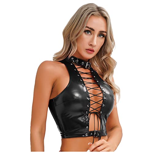 renvena Women's Faux Leather Crop Tank Top Hollow Out Lace Up Tie Crisscross Front Sleeveless Tops4