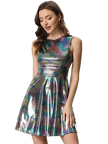 Image of Allegra K Women's Metallic Sleeveless High Waist Club Party Disco Holographic Dress