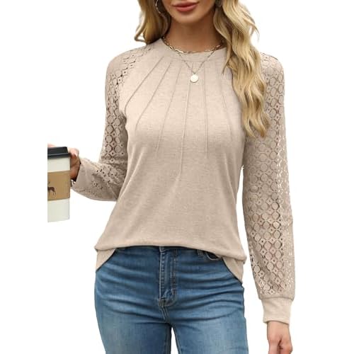 XIEERDUO Womens Long Sleeve Shirt Women Tops Lace Long Sleeve Crew Neck Pleated Blouse Womens Fall Clothing Trendy 2024