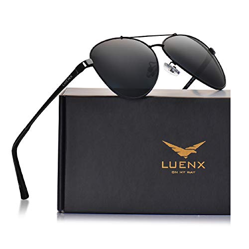 LUENX Men Women Aviator Sunglasses Polarized Non-Mirror Black Lens Black Metal Frame