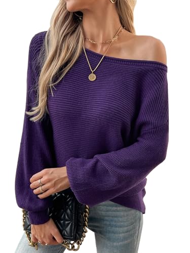 Mokayee Womens Long Sleeve Fall Sexy Casual Off The Shoulder Loose Fit Batwing Asymmetrical Pullover Sweater