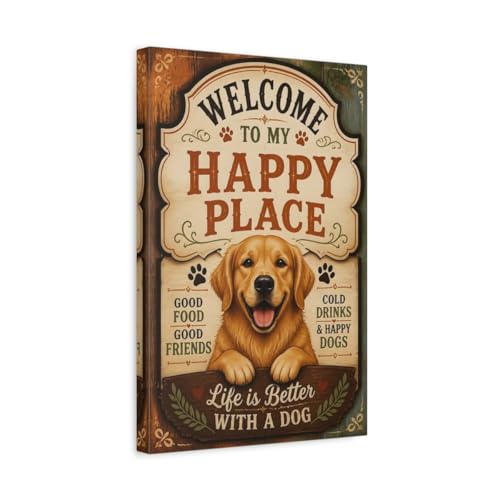 Tableau de bienvenue Golden Retriever pour decorer un mur vide au dessus du canape