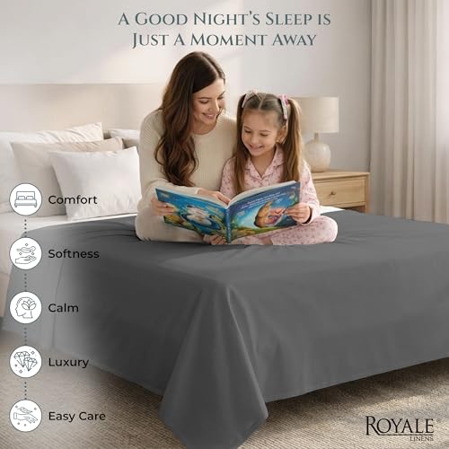 Image of Royale Linen 400 Thread Count 100% Cotton Flat Sheets Only - Cooling Sheets - Queen Flat Sheet Sold Separately - Luxury Sateen Weave - Breathable & Super Soft Top Sheet Only (Queen, Spanish Slate)
