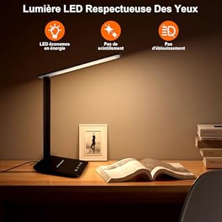 joyshie Lampe de Bureau LED avec Adaptateur, Pliable Lampe de Chevet Dimmable avec 5 Modes de Couleur et 5 Niveaux de Luminosité, Port de Charge USB, Pour Lecture Travail (Noir)