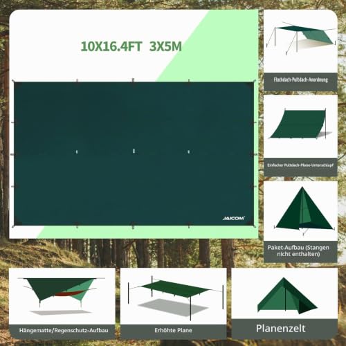 JAICOM Tarp Wasserdicht - 3x5M Camping Zeltplane, Ultraleicht und Tragbar, UV-Schutz & Schnee & Regen, Mit Ösen, Nylonseile… – Ansicht 3