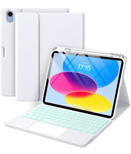 Image of Harvopu Compatible for iPad 11th 10th Generation Case with Keyboard, Folio Cover with Pencil Holder, Multi-Touch Trackpad, 7 Color Backlit, Detachable Keyboard for iPad (A16) 11th /10th Gen (White)