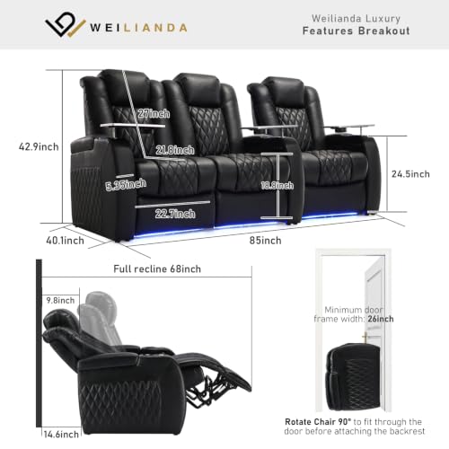 Image of Weilianda Home Theater Seating, Top Grain Leather Movie Theater Chair | Black Row of 3 Loveseat Left, Zero Gravity, Power Headrest, Tray Table, Electric Reclining Seat for Media Room
