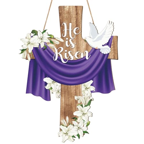 He is Risen Easter Decoration Wood Door Wall Signs, Wooden Wreaths Front Door Sign Cross Sign Christian Jesus Lily Flowers Ornaments Hanging Crafts for Spring Home Farmhouse Party Porch Wall Decor