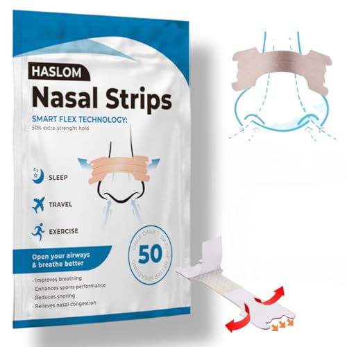 Haslom® 50 Cerotti Nasali Premium + Guida all’Uso – Migliora la Respirazione e l’Ossigenazione, Antirussamento per Dormire, Massima Aderenza per Sport e per Dormire