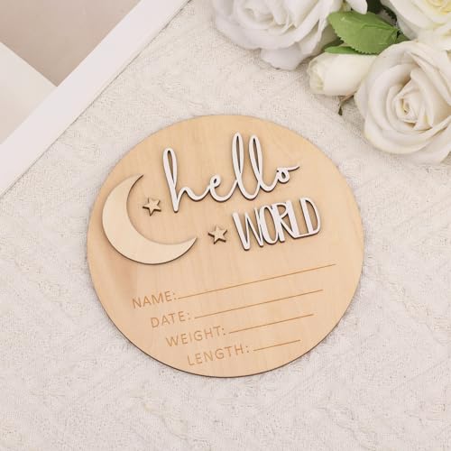 Birth Announcement Sign, 5.91 Inch Wooden Hello World Newborn Sign New Baby Name Welcome Cards Smooth Hospital Newborn Announcement Board - Thumbnail 4