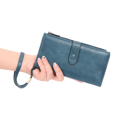 Image of GOIACII Womens Wallets Large Capacity Credit Card Holder RFID Blocking Leather Wallet Wristlet Ladies Clutch Purse Blue