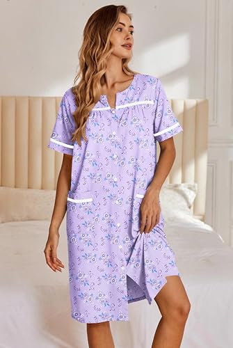 Image of Ekouaer Nightgowns for Women House Dress with Pockets Button Down Sleepshirt Short Sleeve Nightshirt Housecoat