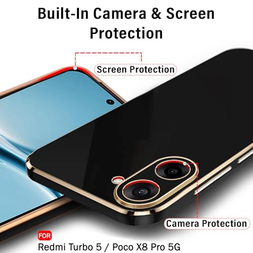Image of TheGiftKart Luxurious Golden-Plated Back Cover Case for Mi Redmi Turbo 5 5G / Poco X8 Pro 5G | Raised Lips for Camera & Screen Protection | Shockproof Design | Stylish Back Cover Case (TPU, Black)