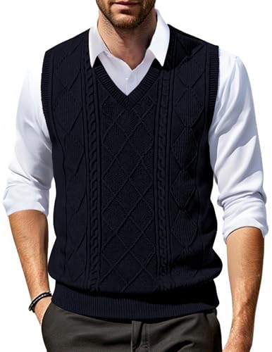 Pull col en V homme sans manches tricot bleu marine coupe slim taille XL