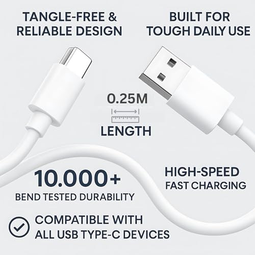 Image of USB A to Type C Charging Cable for Powerbank Use, Fast Charge & Stable Data Transfer Compatible with Power Banks, Redmi, Realme, Vivo & Type C Devices