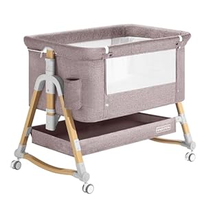 HARPPA Cuddly 3 in 1 Baby Bassinet Bedside Sleeper(Mosquito Net Included), Five-Position Adjustable Bedside Crib with Storage for Newborns, Portable Bassinet with Anchor Strap (Wood Grain, Khaki)