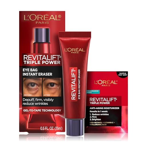 L'Oreal Paris Revitalift Triple Power Eye Bag Instant Eraser, Eye Tightener Treatment to Firm Bags, 0.5 oz + Sample